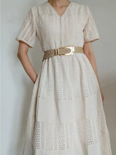 Cream lace midi dress with irregular buckle braid belt