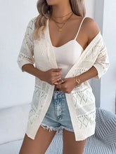 Cream half sleeve openwork cardigan with geometric pattern