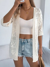Cream openwork half sleeve cardigan with geometric diamond pattern