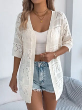 Cream lace openwork half sleeve cardigan with geometric pattern
