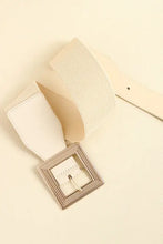 Cream leather belt with white texture, square gold buckle and silver accents