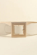Cream leather belt with wide elastic band and textured gold square buckle