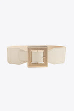 Cream leather belt with wide elastic band and gold square buckle