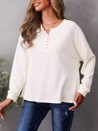 Cream Long Sleeve Waffle Knit Button Up Shirt for Women Ivory