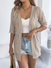 Cream openwork open half sleeve cardigan in beige knit with textured pattern