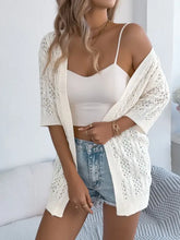 Cream openwork open half sleeve cardigan with lace knit