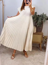 Cream Pleated Midi Dress with Pockets