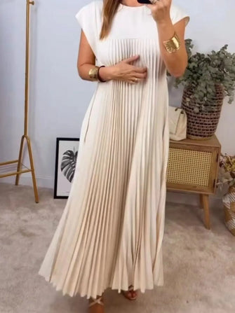 Cream Pleated Midi Dress with Pockets Cream