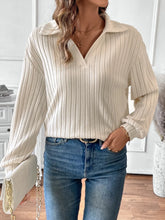 Cream Ribbed Knit Collared Sweater for Women Khaki