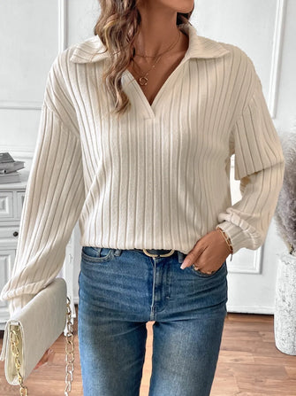 Cream Ribbed Knit Collared Sweater for Women Khaki