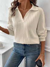 Cream Ribbed Knit Collared Sweater for Women