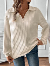 Cream Ribbed Knit Collared Sweater for Women