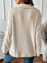 Cream Ribbed Knit Collared Sweater for Women