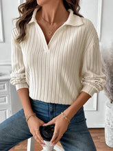 Cream ribbed knit collared sweater for women