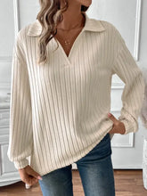 Cream Ribbed Knit Collared Sweater for Women Woman T Shirts