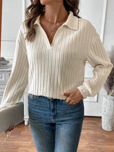 Cream ribbed knit collared sweater for women with long sleeves