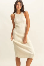 Cream ribbed knit midi dress with round neck bodycon fit