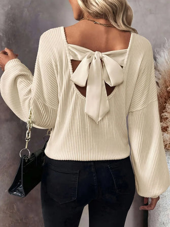 Cream Ribbed V Neck Knit Sweater with Back Bow Beige