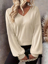 Cream Ribbed V Neck Knit Sweater with Back Bow