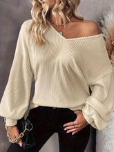 Cream Ribbed V Neck Knit Sweater with Back Bow
