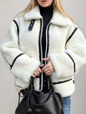 Cream Sherpa Jacket with Black Trim for Women White