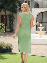 Cream Sleeveless Knit Dress with Side Slit and Moderate Stretch Woman Sweater Dresses