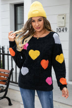 Cream Sweater with Heart Elbow Patches Long Sleeve Round Neck Pullover