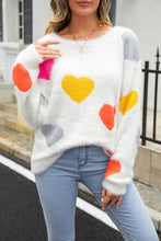 Cream Sweater with Heart Elbow Patches Long Sleeve Round Neck Pullover