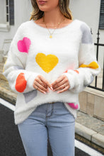 Cream Sweater with Heart Elbow Patches Long Sleeve Round Neck Pullover