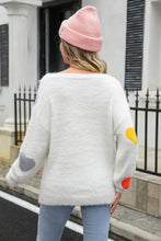 Cream Sweater with Heart Elbow Patches Long Sleeve Round Neck Pullover