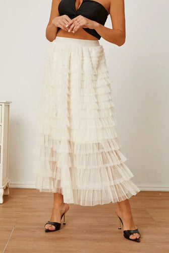 Cream Tiered Tulle Maxi Skirt with Waist Stretch Ivory