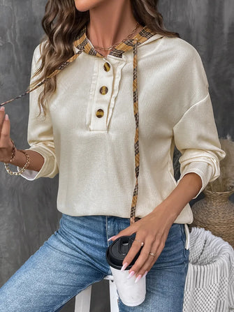 Cream Waffle Knit Hoodie with Plaid Trim for Women Cream