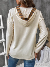 Cream Waffle Knit Hoodie with Plaid Trim for Women