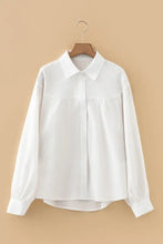 White long-sleeved crinkled texture blouse with lantern sleeve button design and classic collar for loose fit style