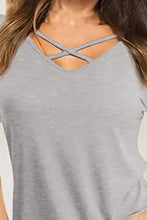 Light gray crisscross short sleeve T-shirt with V-neckline