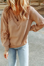Crisscross V-Neck Waffle-Knit Top Camel Woman Blouses