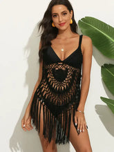 Black crochet fringe beach cover up over swimsuit