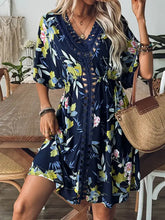 Navy blue floral crochet front V-neck printed cover-up dress in size small