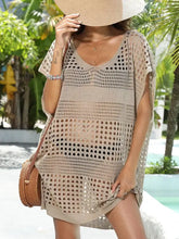 Beige crochet knit beach cover up dress with V-neck and short sleeves
