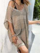 Beige crochet knit beach cover up dress with V-neck and short sleeves