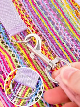 Silver carabiner on lavender strap in crochet knit breathable pet top