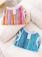 Two colorful crochet knit breathable pet harnesses with lavender trim