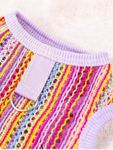 Vibrant crochet knit breathable pet top with multicolored stripes, lavender neckline