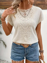 Cream crochet lace short sleeve casual top for women with frayed hem