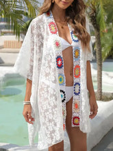 White lace kimono with colorful crochet open front trim, machine wash