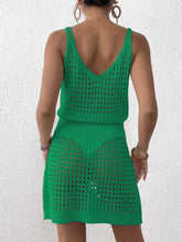 Vibrant green crochet sleeveless knit cover up dress with v-neck and perforated pattern