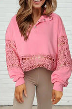 Womens pink long-sleeve crochet snap button sweatshirt with lace cutouts