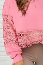 Pink crochet snap button sweatshirt with lace sleeve detailing