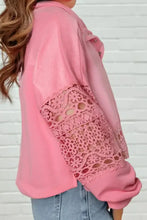 Pink crochet snap button sweatshirt with long-sleeve lace balloon panels