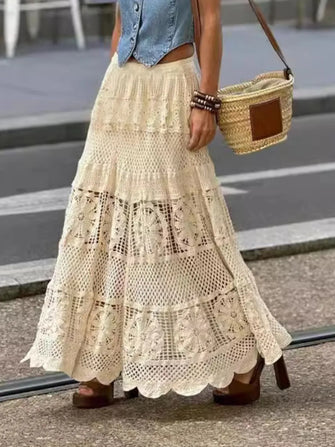 Crocheted Tiered Maxi Skirt Lace Openwork Semi Sheer Tan One Size